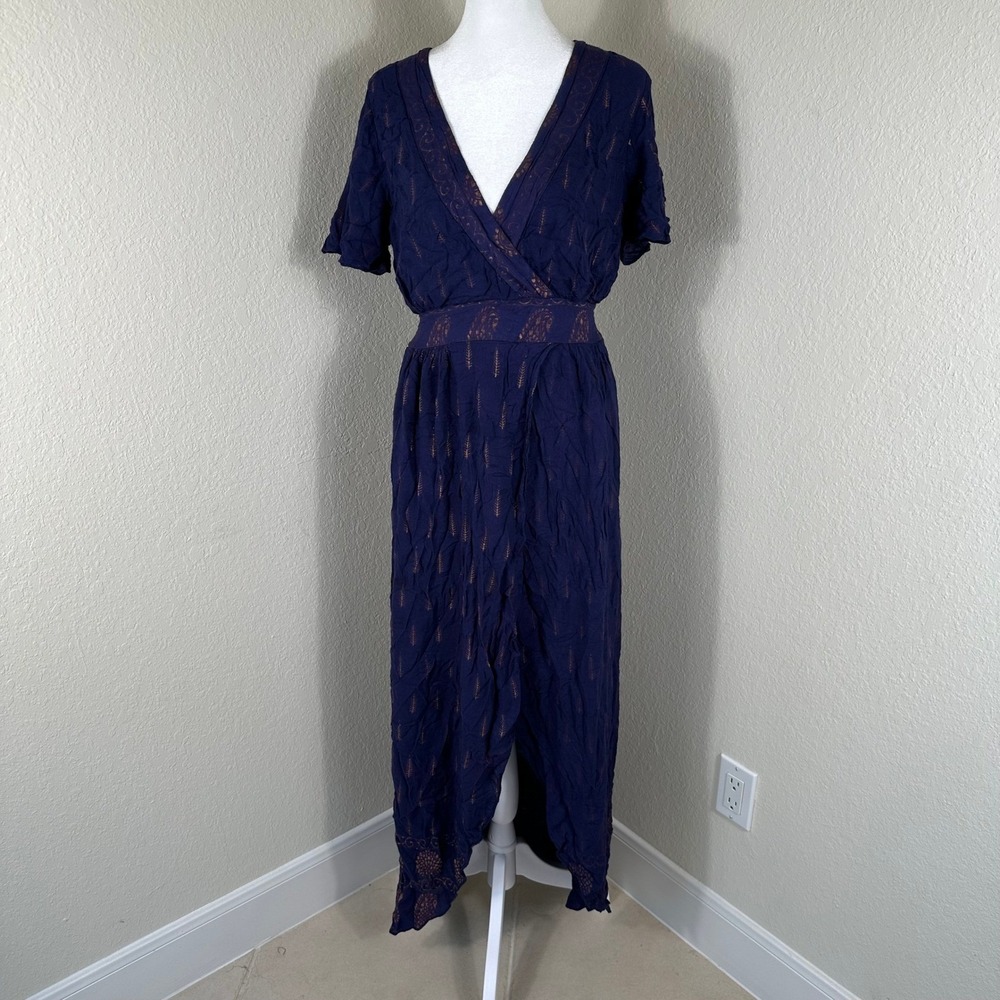 Lapogee Maxi Dress Women M Blue Bohemian Gold Embroidered V-Neck Short‎ Sleeve